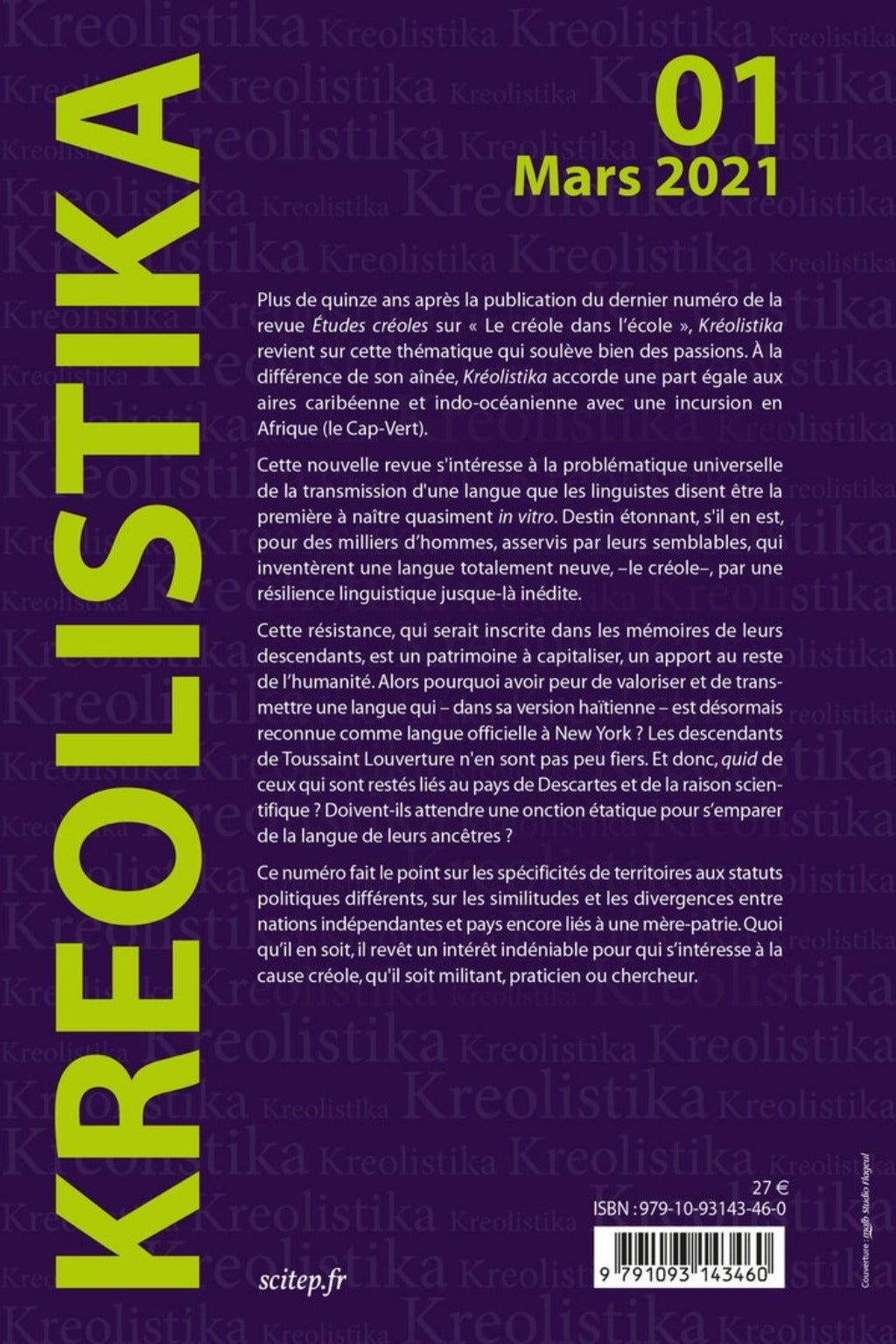 Quatrième de couverture du livre Kreolistika 1 éditeur SCITEP édition auteur Max Bélaise