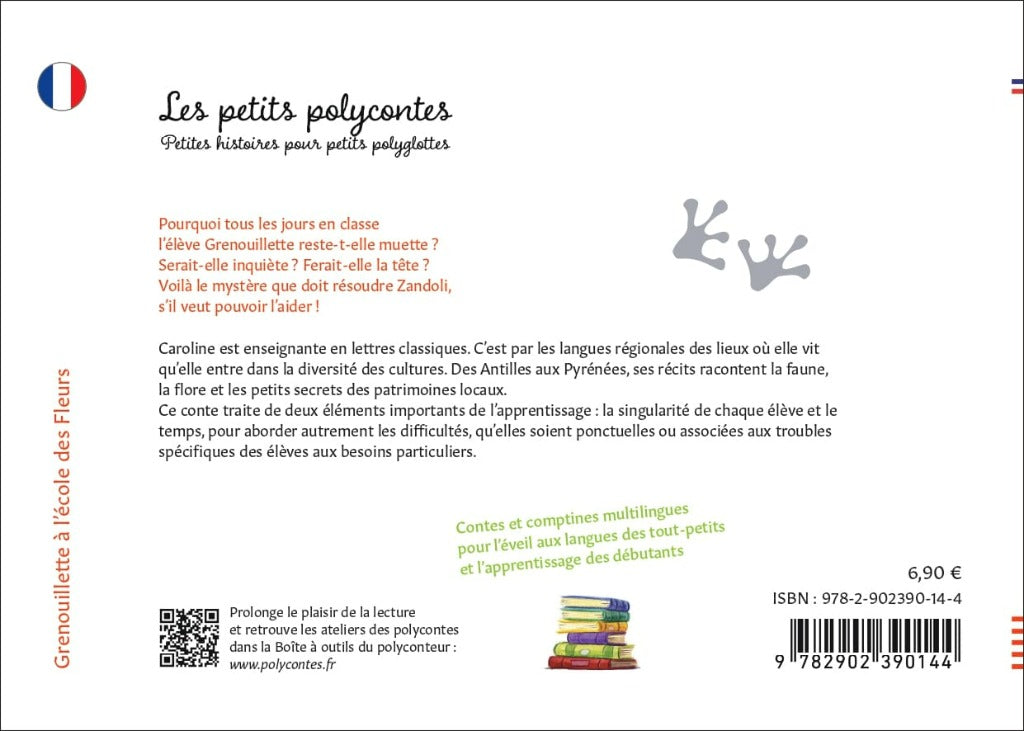 Quatrième de couverture du livre Grenouillette à l'école des fleurs éditeur SCITEP jeunesse auteur Caroline Chemarin conte pour enfants