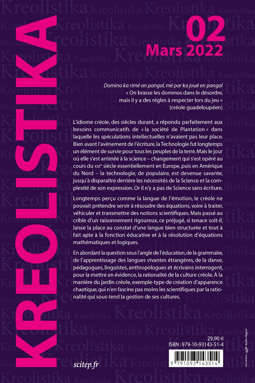 Quatrième de couverture du livre Kreolistika 2 éditeur SCITEP édition auteur Renauld Govain